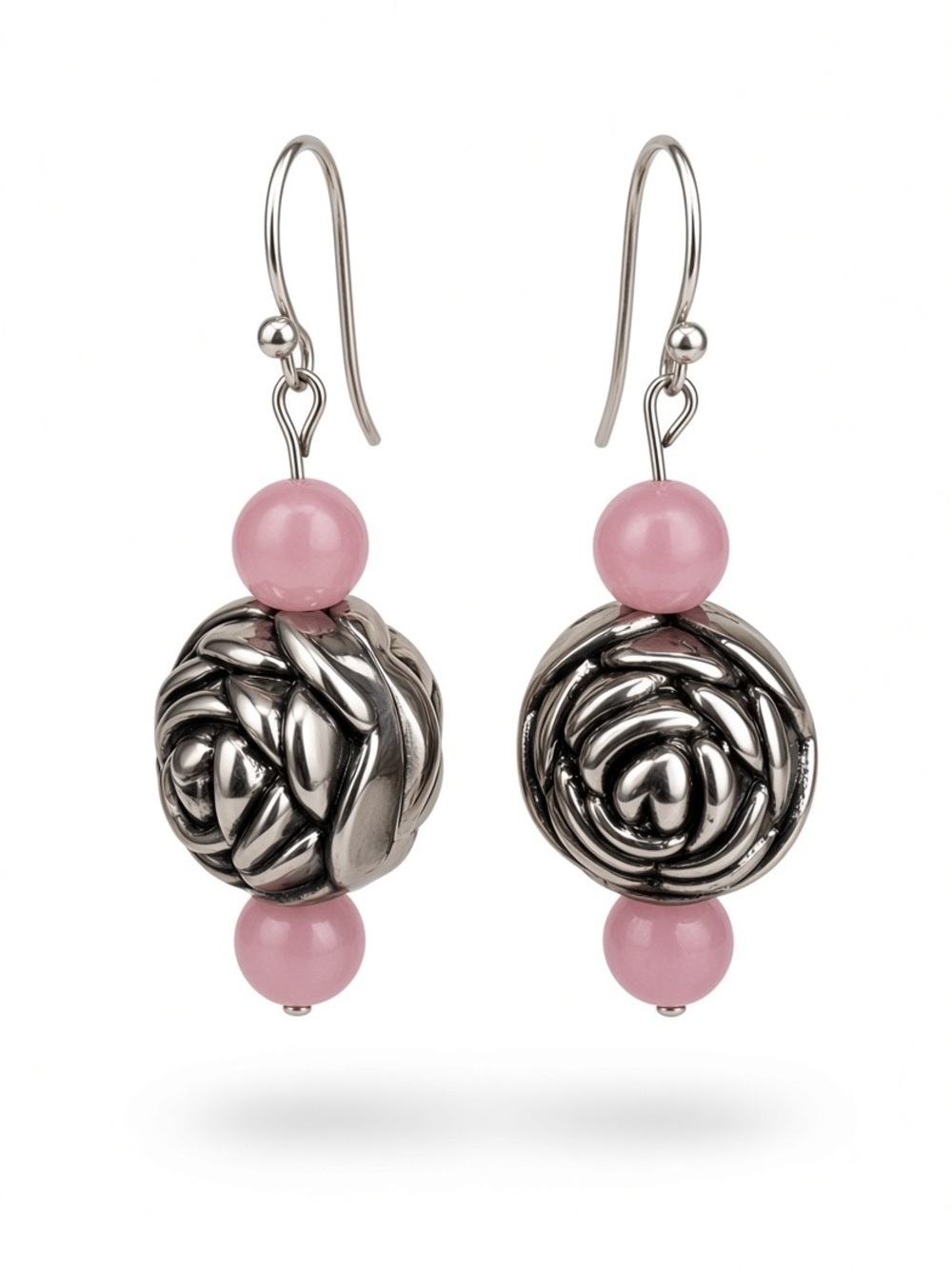 Handmade (by me!) Pink Jade Beaded Silver-toned Rose Earrings